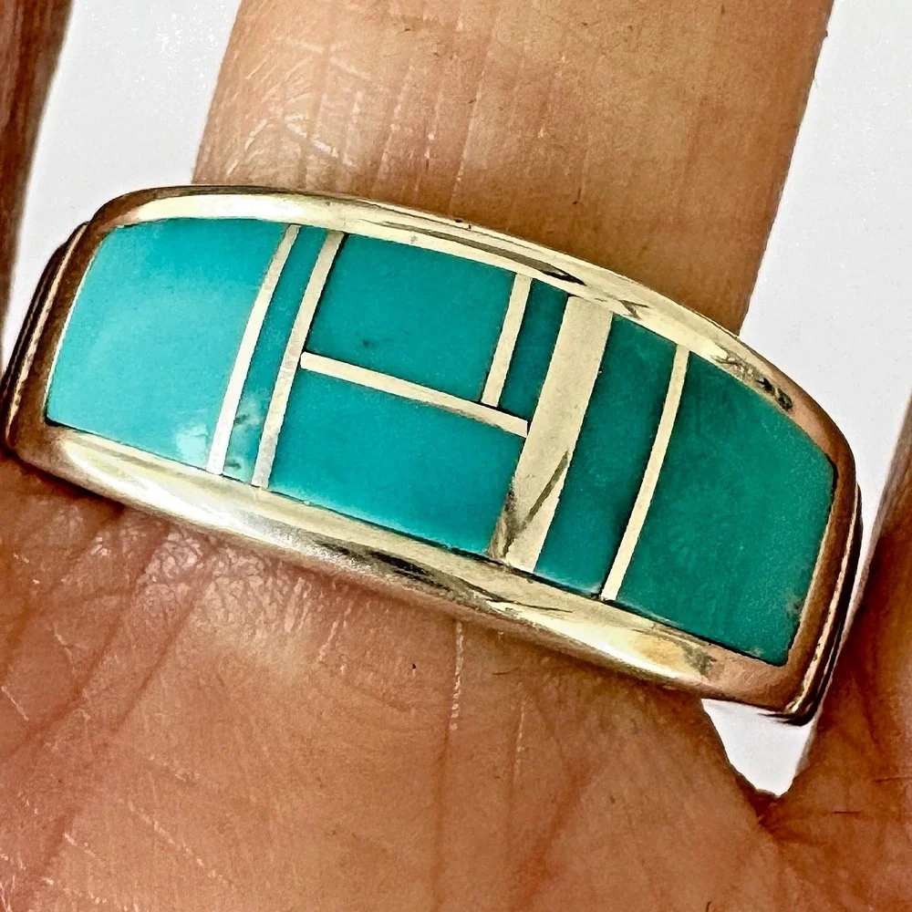Mens Navajo‎ Wedding Band 10.5 Ring Turquoise 9mm Inlay Signed Tolino Native